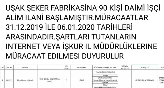 Uşak Şeker Fabrikası 90 İşçi Alacak