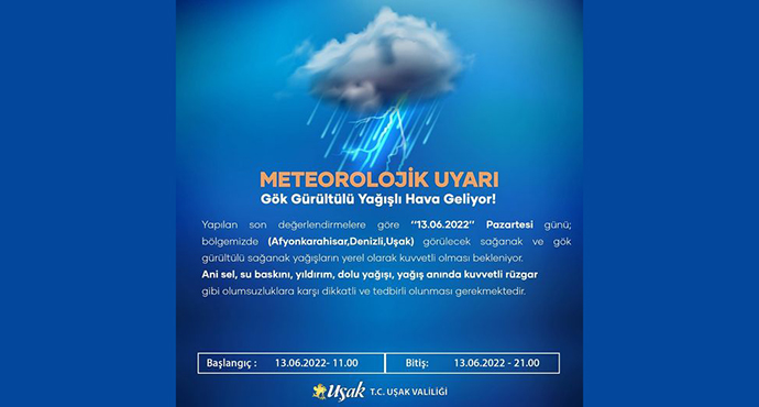Uşak Valiliğinden Uyarı! Gök Gürültülü Yağışlı Hava Bekleniyor!