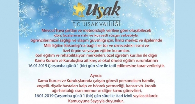 16.01.2019 Çarşamba Günü Kar Tatili