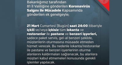 Bu geceden itibaren, lokanta, pastane ve benzeri iş yerleri, müşteri ALMAYACAKLAR