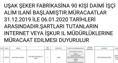 Uşak Şeker Fabrikası 90 İşçi Alacak